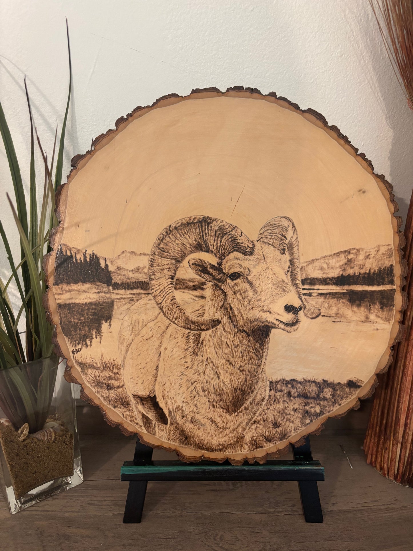 Majestic Bighorn Sheep Woodburned Art