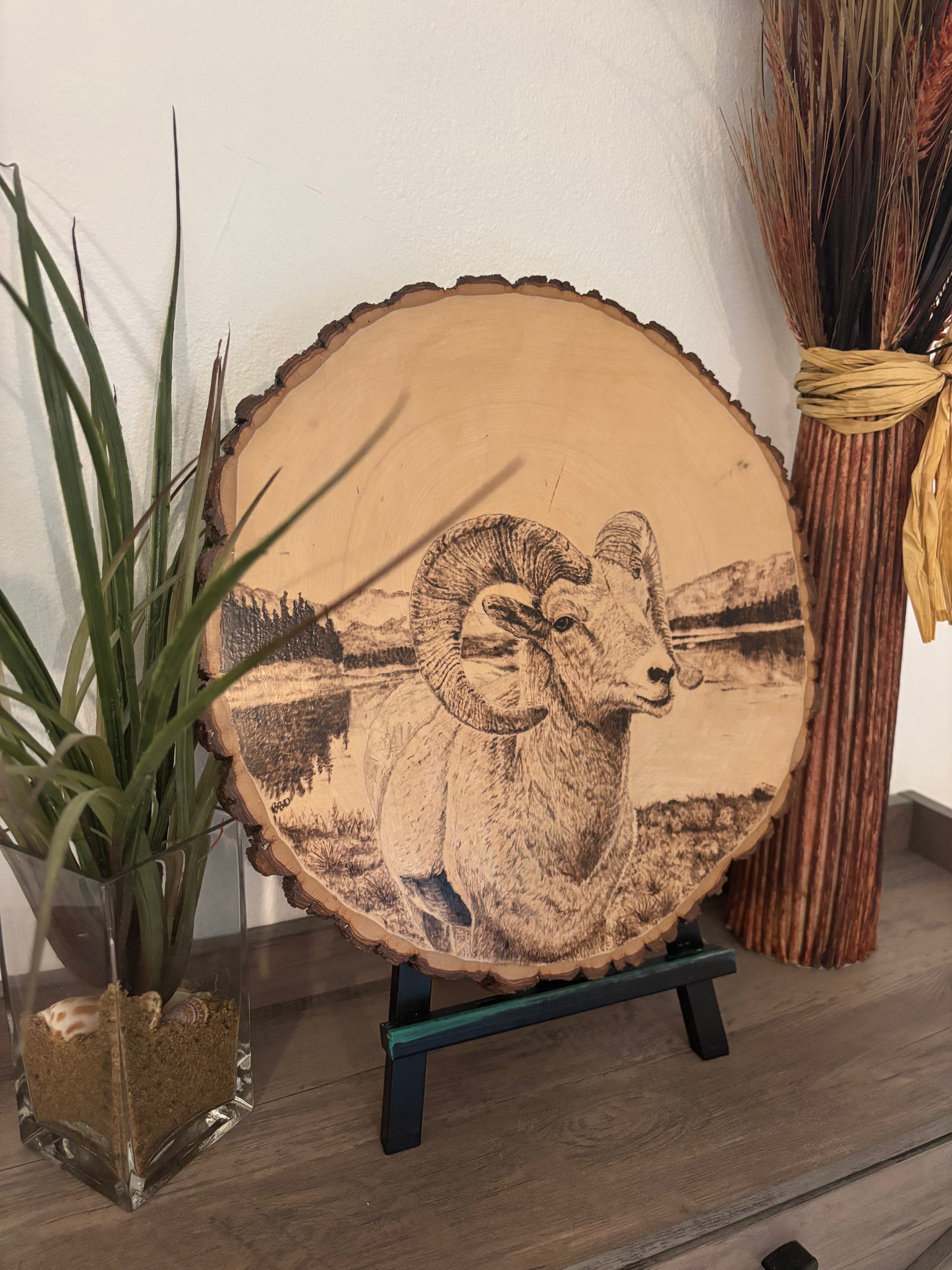 Majestic Bighorn Sheep Woodburned Art