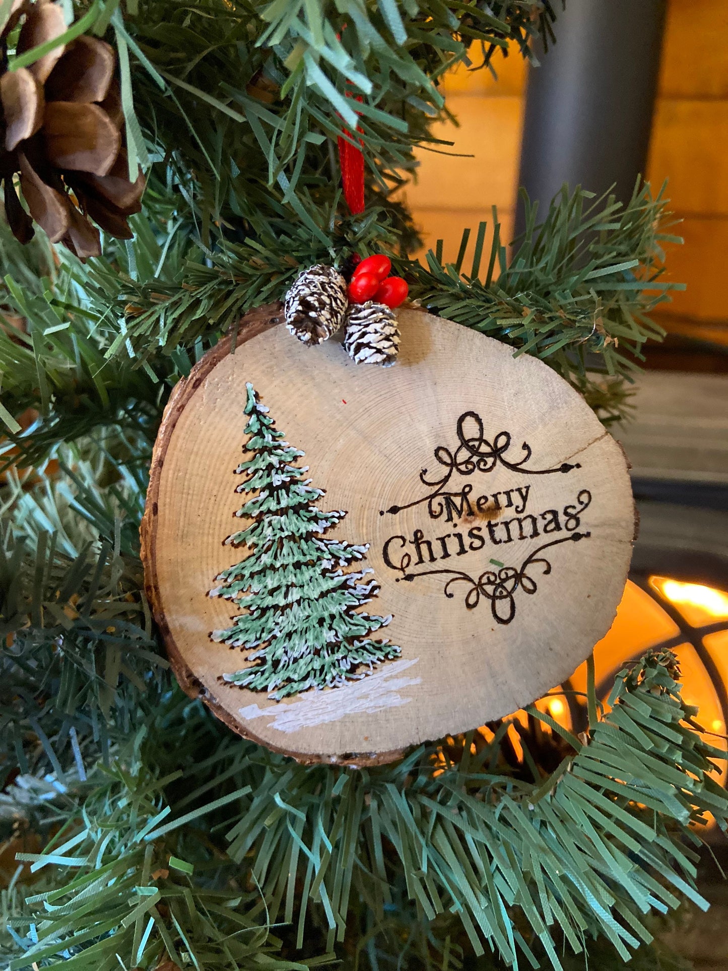 Merry Christmas Pine Wood Slice Ornament