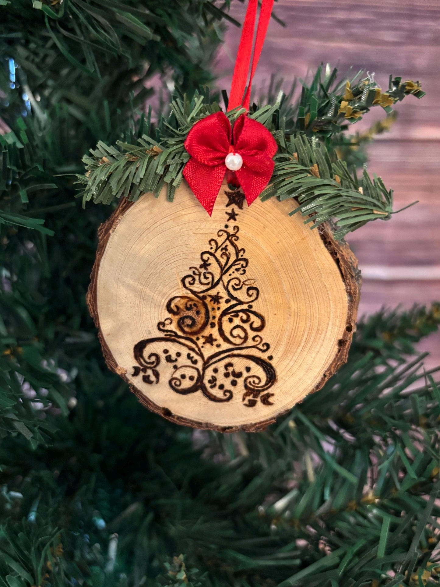 Ornate Christmas Tree Wood Slice Ornament