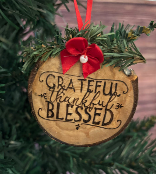 Grateful Thankful Blessed Wood Slice Ornament