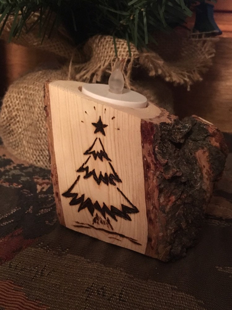 Christmas Tree Handcrafted Pine Log Tealight Holder