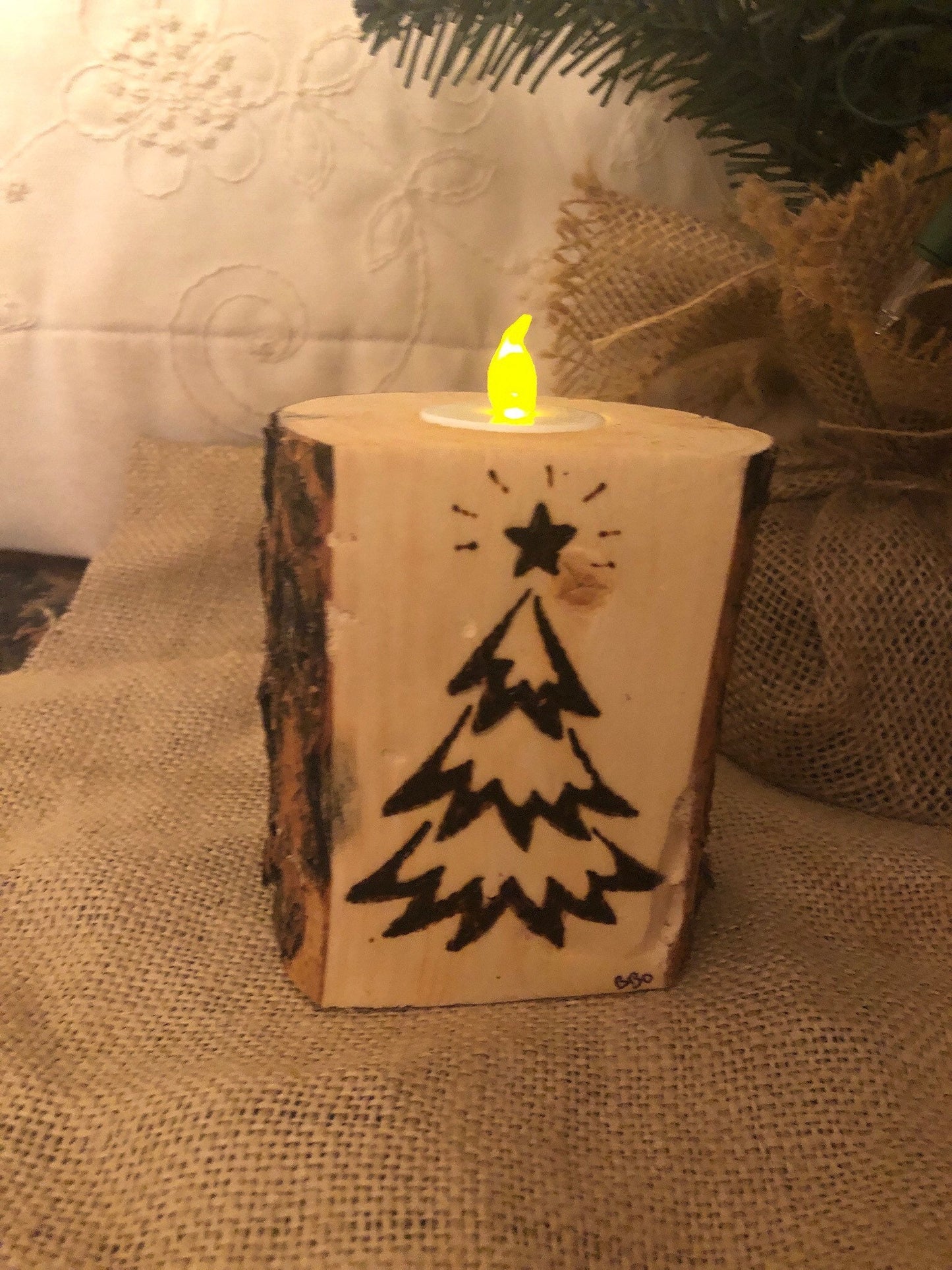 Christmas Tree Handcrafted Pine Log Tealight Holder