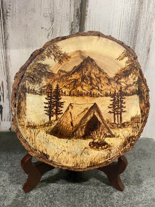 Mountain Camping Woodburned Art