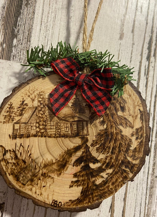 Log Cabin in the Pines Wood Slice Ornament